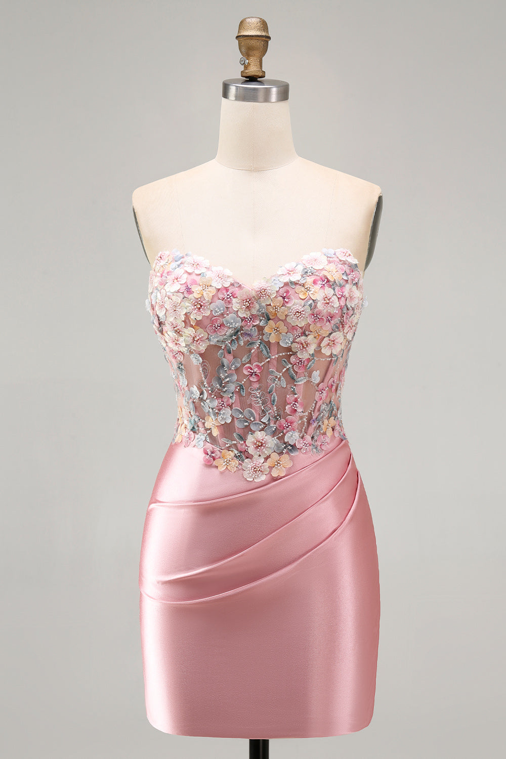 Strapless Tight Blue Ruched Short Corset Homecoming Dress with 3D Flowers