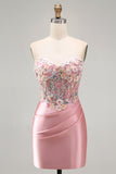 Strapless Tight Blue Ruched Short Corset Homecoming Dress with 3D Flowers