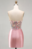Strapless Tight Blue Ruched Short Corset Homecoming Dress with 3D Flowers