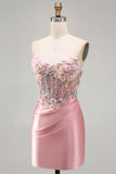 Strapless Tight Blue Ruched Short Corset Homecoming Dress with 3D Flowers
