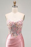 Strapless Tight Blue Ruched Short Corset Homecoming Dress with 3D Flowers
