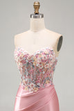 Strapless Tight Blue Ruched Short Corset Homecoming Dress with 3D Flowers