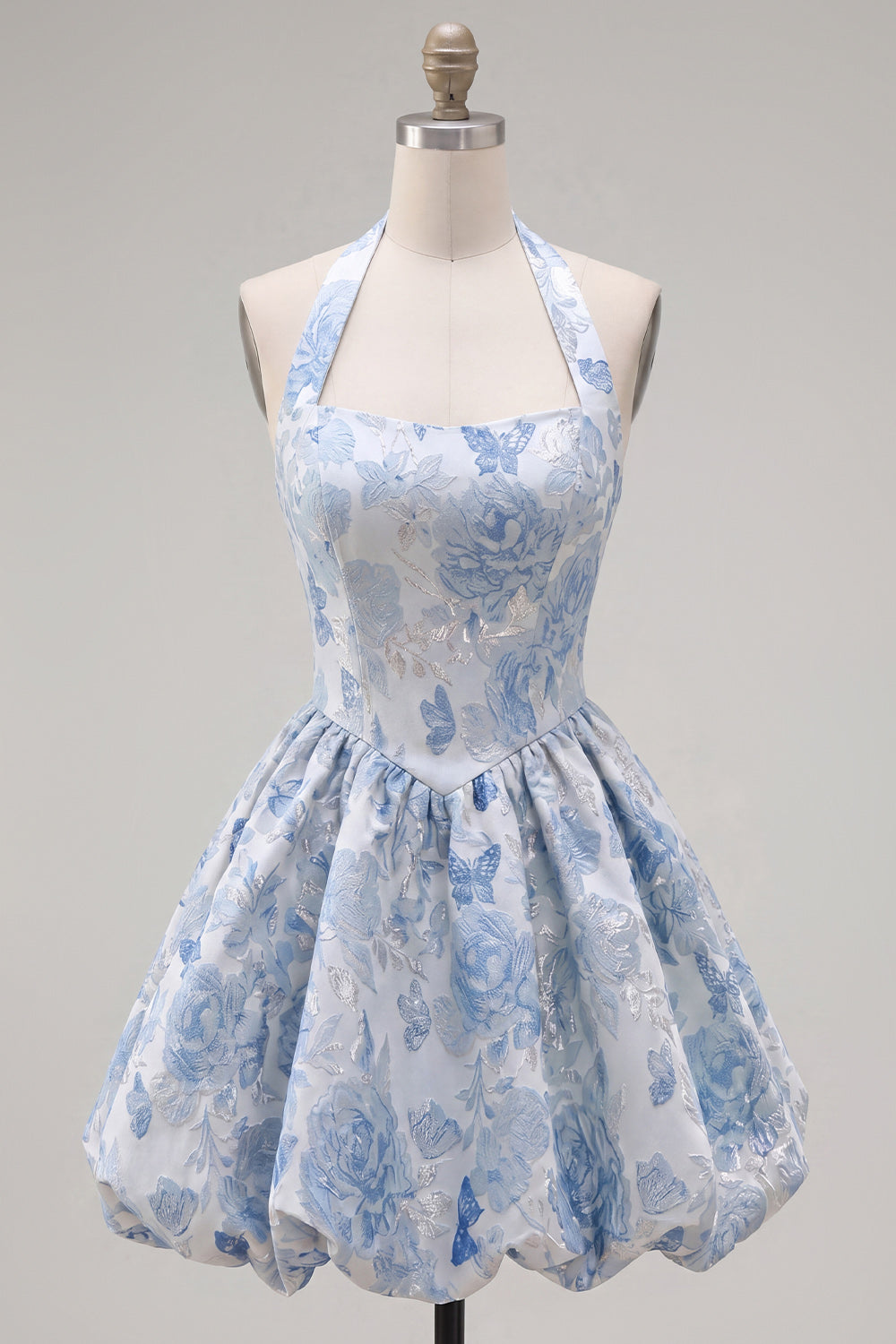 A Line Halter Jacquard Blue Short Floral Homecoming Dress