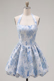 A Line Halter Jacquard Blue Short Floral Homecoming Dress