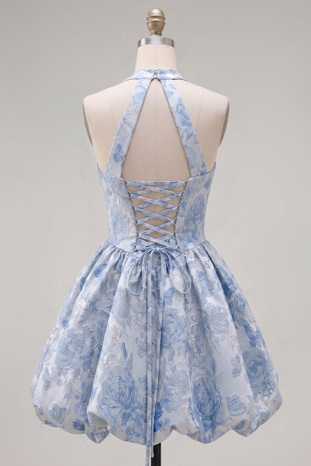 A Line Halter Jacquard Blue Short Floral Homecoming Dress