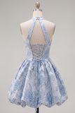 A Line Halter Jacquard Blue Short Floral Homecoming Dress
