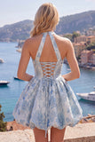 A Line Halter Jacquard Blue Short Floral Homecoming Dress