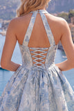 A Line Halter Jacquard Blue Short Floral Homecoming Dress
