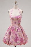 A Line Halter Jacquard Blue Short Floral Homecoming Dress