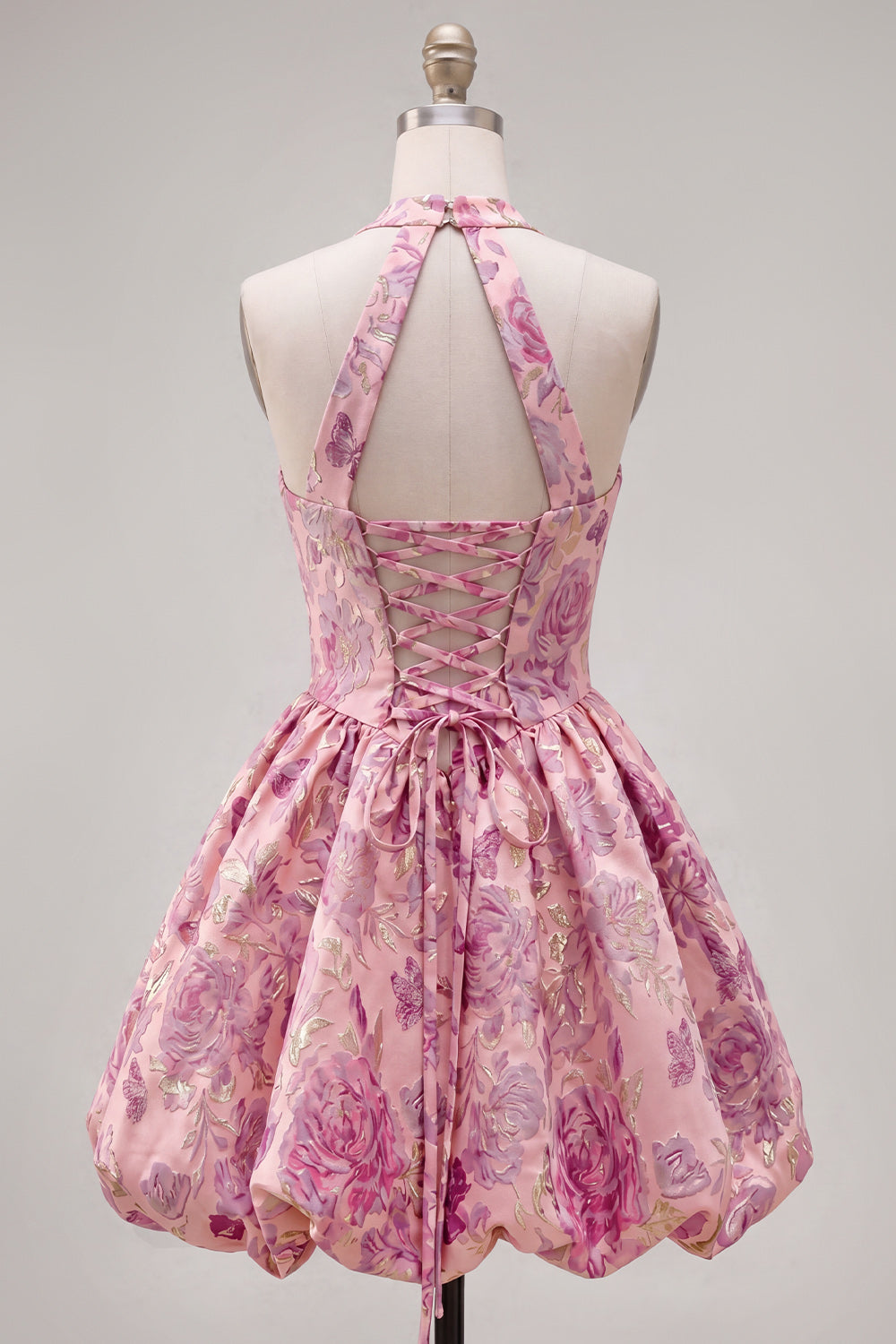 A Line Halter Jacquard Blue Short Floral Homecoming Dress