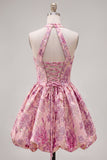 A Line Halter Jacquard Blue Short Floral Homecoming Dress