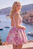 A Line Halter Jacquard Blue Short Floral Homecoming Dress