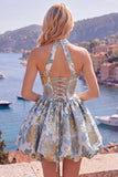 A Line Halter Jacquard Blue Short Floral Homecoming Dress