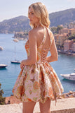 A Line Halter Jacquard Blue Short Floral Homecoming Dress