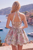 A Line Halter Jacquard Blue Short Floral Homecoming Dress