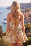 A Line Strapless Short Jacquard Pink Ruched Homecoming Dress