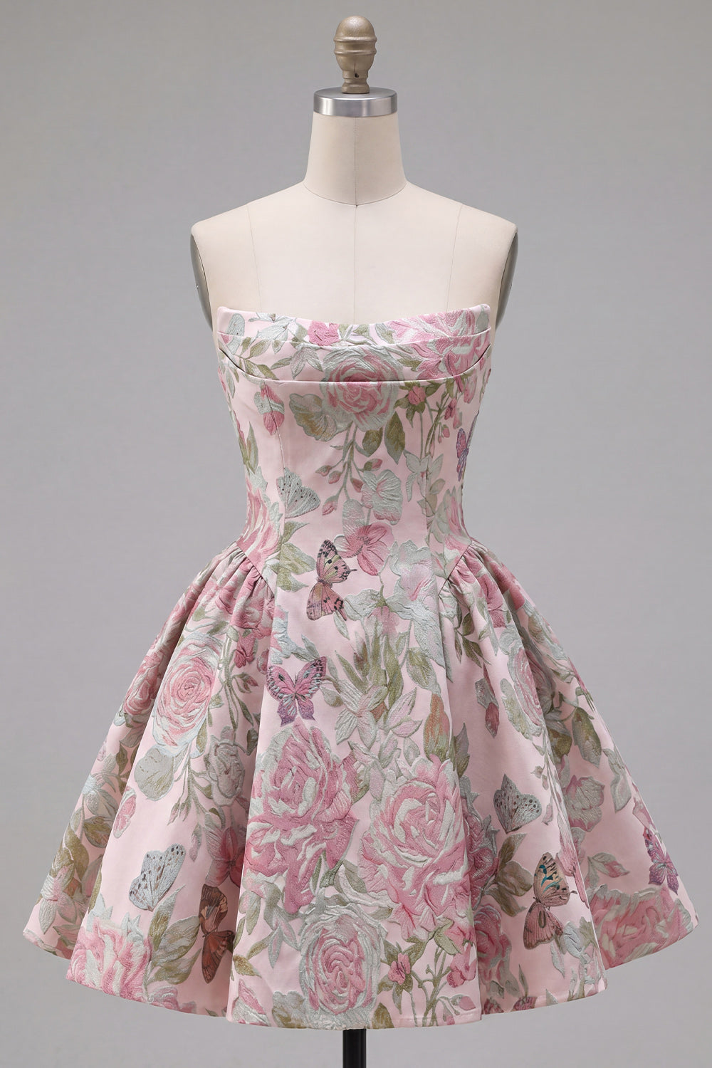 A Line Strapless Short Jacquard Pink Ruched Homecoming Dress