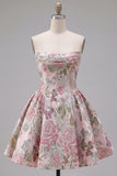 A Line Strapless Short Jacquard Pink Ruched Homecoming Dress