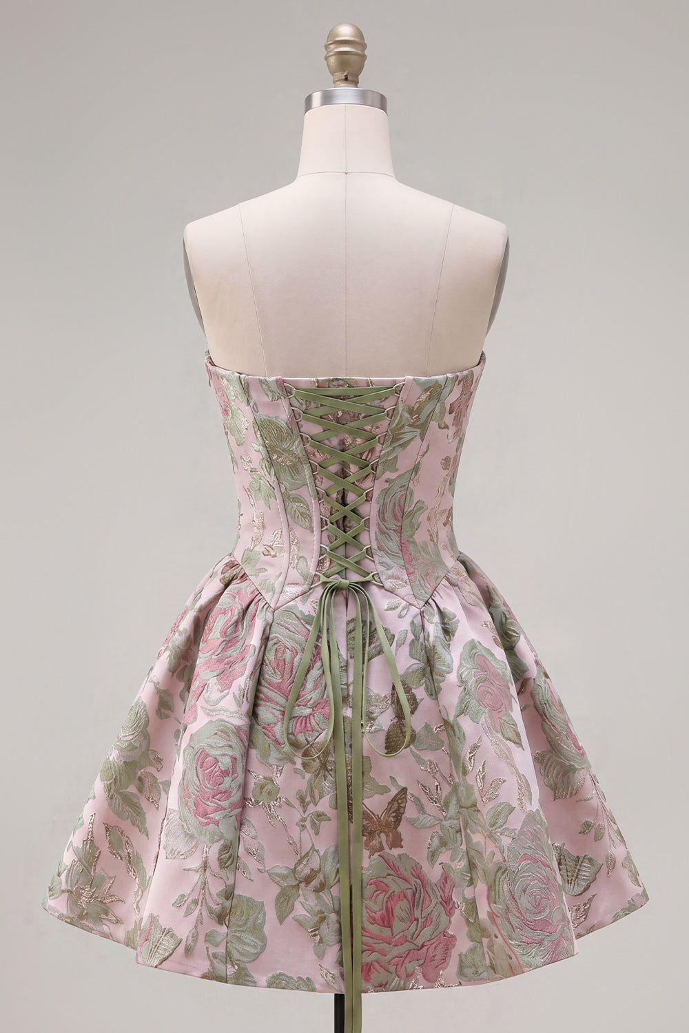 A Line Strapless Short Jacquard Pink Ruched Homecoming Dress
