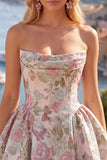 A Line Strapless Short Jacquard Pink Ruched Homecoming Dress