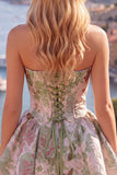 A Line Strapless Short Jacquard Pink Ruched Homecoming Dress
