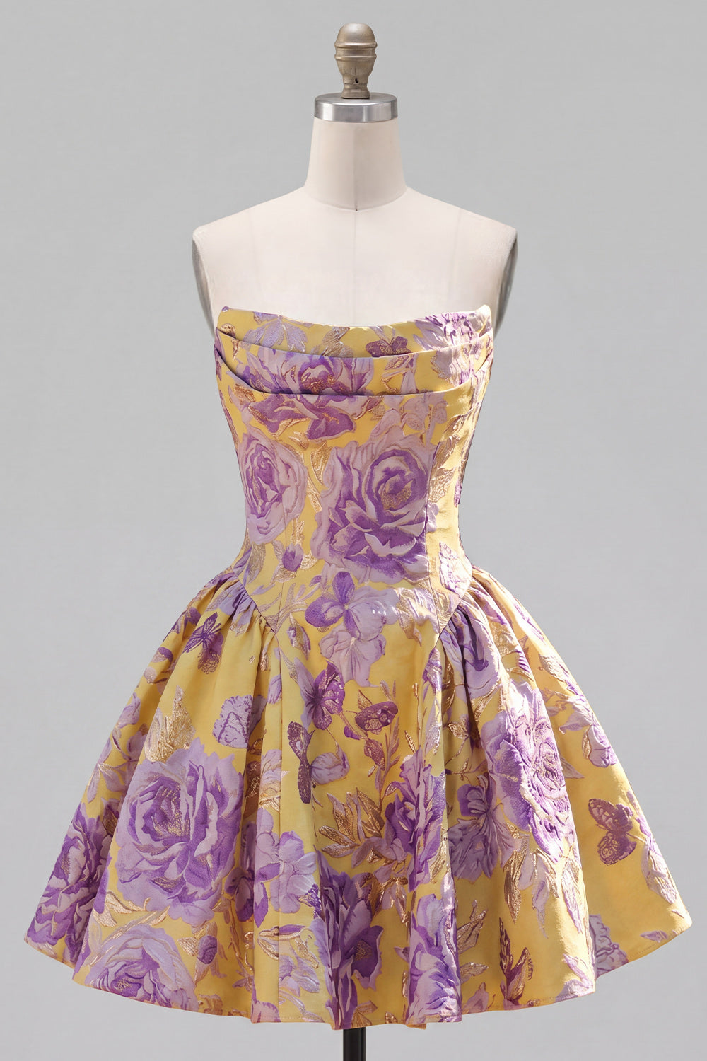 A Line Strapless Short Jacquard Pink Ruched Homecoming Dress