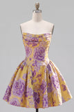A Line Strapless Short Jacquard Pink Ruched Homecoming Dress