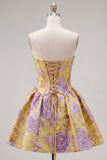 A Line Strapless Short Jacquard Pink Ruched Homecoming Dress