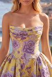 A Line Strapless Short Jacquard Pink Ruched Homecoming Dress