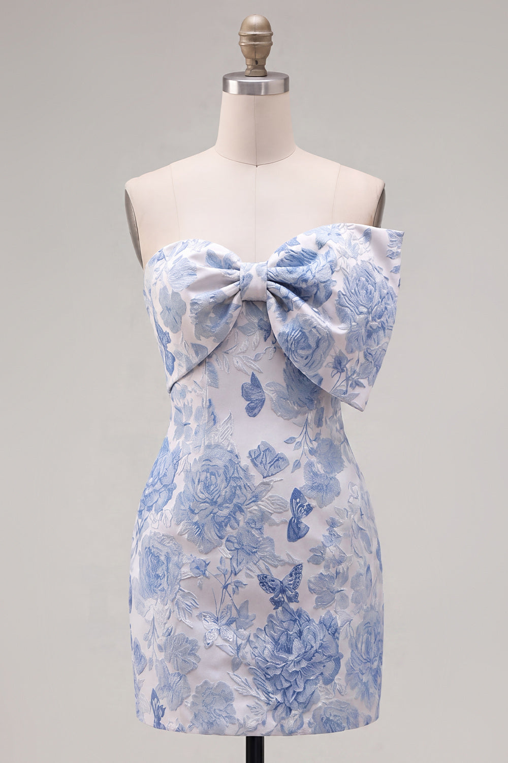 Strapless Tight Jacquard Blue Short Homecoming Dress with Bow