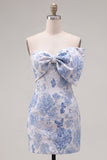 Strapless Tight Jacquard Blue Short Homecoming Dress with Bow