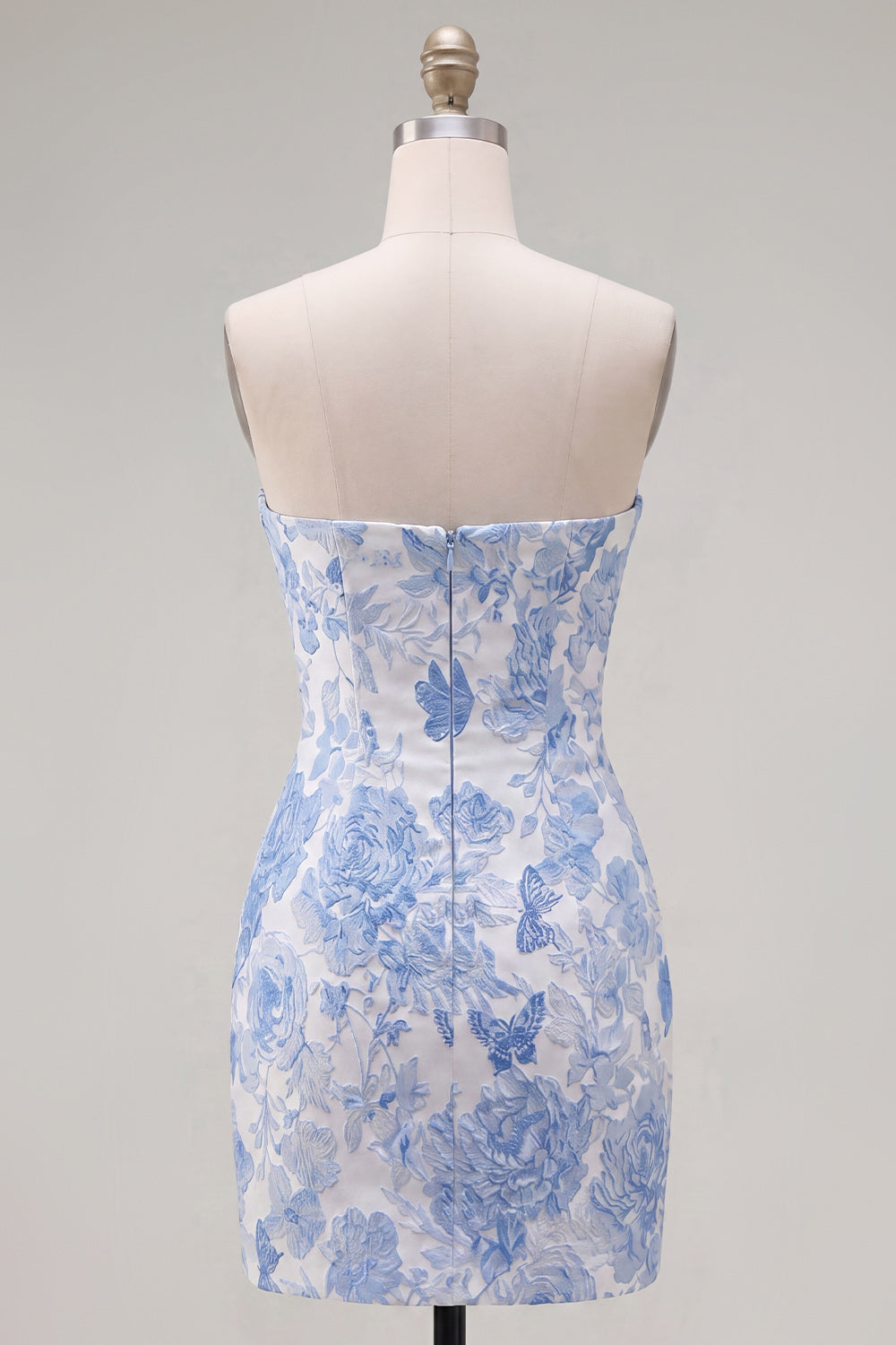Strapless Tight Jacquard Blue Short Homecoming Dress with Bow