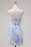Strapless Tight Jacquard Blue Short Homecoming Dress with Bow