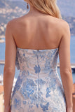 Strapless Tight Jacquard Blue Short Homecoming Dress with Bow