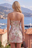 Strapless Tight Jacquard Blue Short Homecoming Dress with Bow