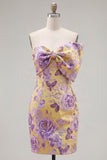 Strapless Tight Jacquard Blue Short Homecoming Dress with Bow
