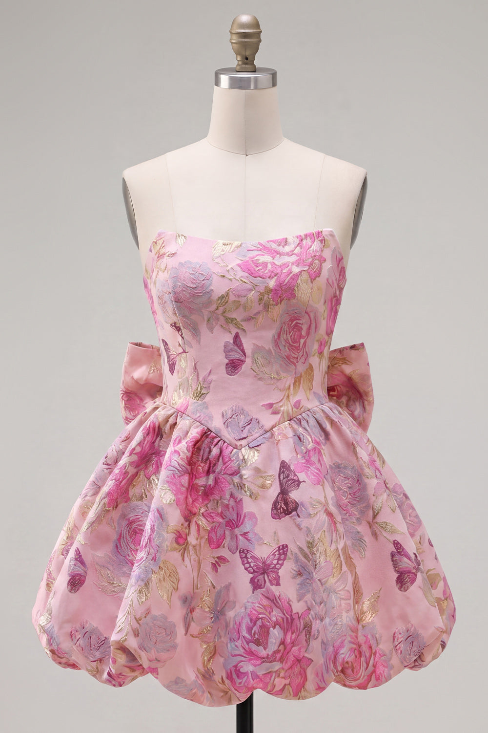 Strapless A Line Jacquard Fuchsia Short Homecoming Dress with Bow