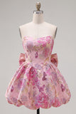 Strapless A Line Jacquard Fuchsia Short Homecoming Dress with Bow