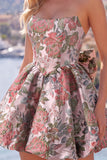 Strapless A Line Jacquard Fuchsia Short Homecoming Dress with Bow