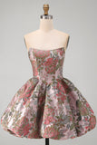 Strapless A Line Jacquard Fuchsia Short Homecoming Dress with Bow