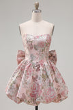 Strapless A Line Jacquard Fuchsia Short Homecoming Dress with Bow
