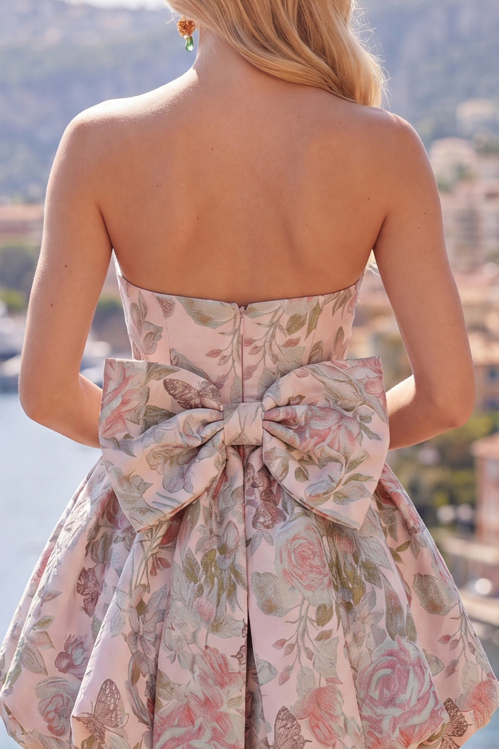 Strapless A Line Jacquard Fuchsia Short Homecoming Dress with Bow