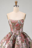 Strapless A Line Jacquard Fuchsia Short Homecoming Dress with Bow