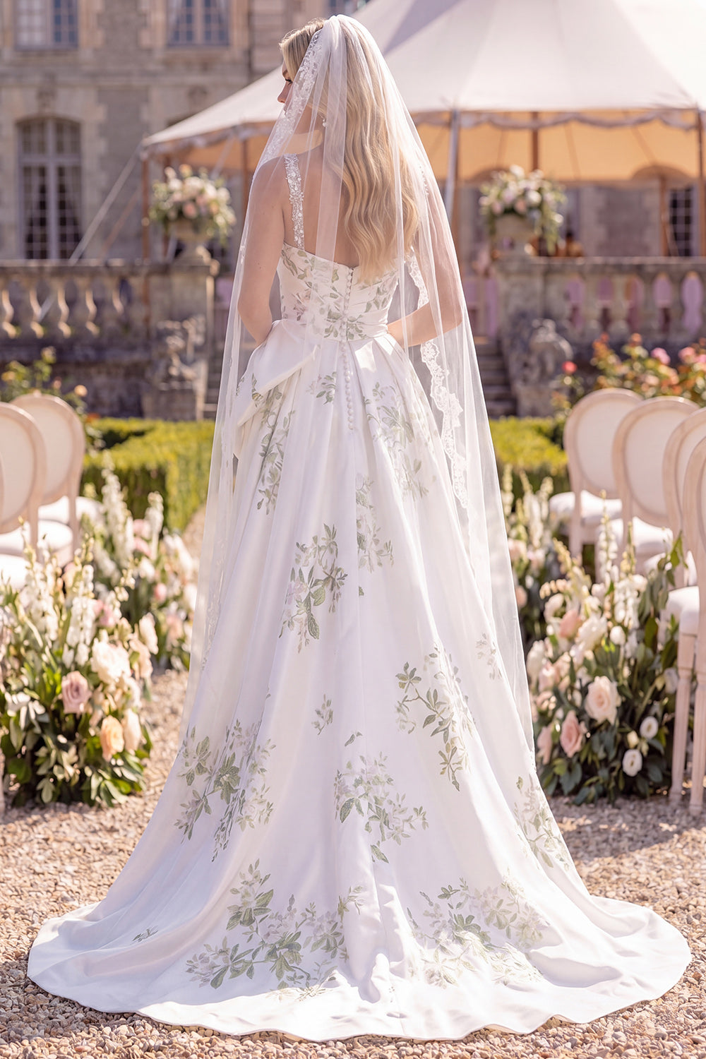 White Green Flower A Line Sweep Train Beaded Beach Wedding Dress with Veils
