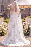 White Green Flower A Line Sweep Train Beaded Beach Wedding Dress with Veils