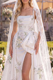 White Green Flower A Line Sweep Train Beaded Beach Wedding Dress with Veils