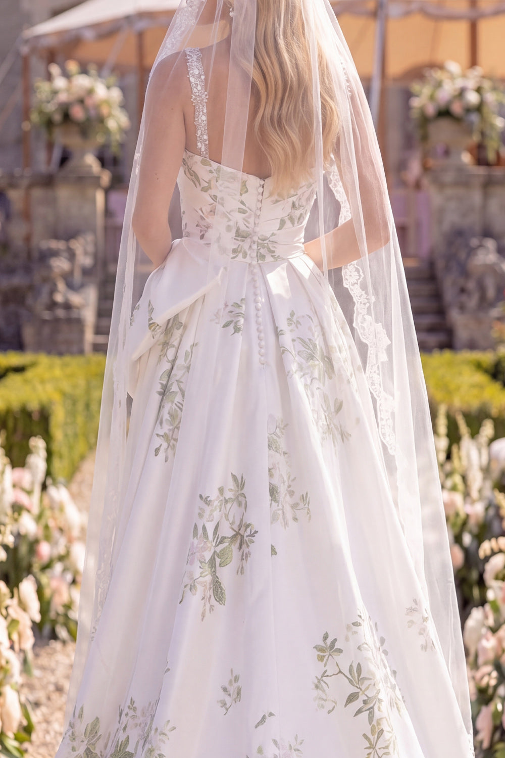 White Green Flower A Line Sweep Train Beaded Beach Wedding Dress with Veils