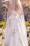 White Green Flower A Line Sweep Train Beaded Beach Wedding Dress with Veils