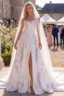 White Purple Flower A Line Sweep Train Corset Beach Wedding Dress with Veils