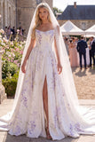 White Purple Flower A Line Sweep Train Corset Beach Wedding Dress with Veils